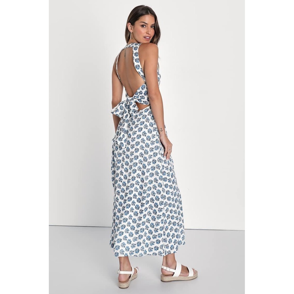 FLAW Lulus Flirty Fave Ivory Floral Print Tie-Back Midi Dress Sleeveless Blue LG - Picture 3 of 11